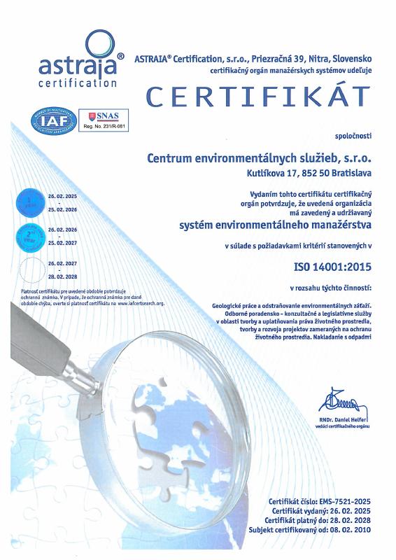Náhľad slovenského certifikátu ISO 14001:2015