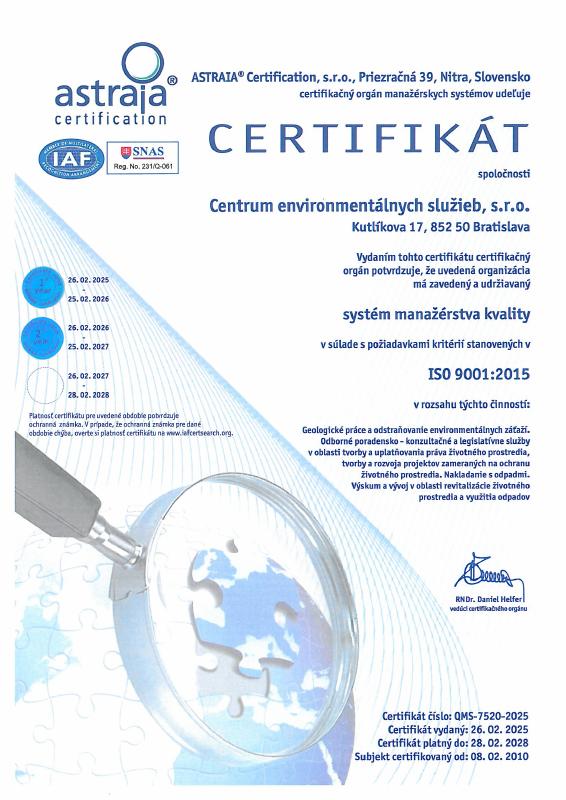 Náhľad slovenského certifikátu ISO 9001:2015